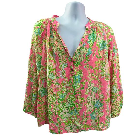 Lilly Pulitzer Elsa Silk Top, Roxie Pink Floral Long Sleeve Blouse Size Large - Picture 1 of 11
